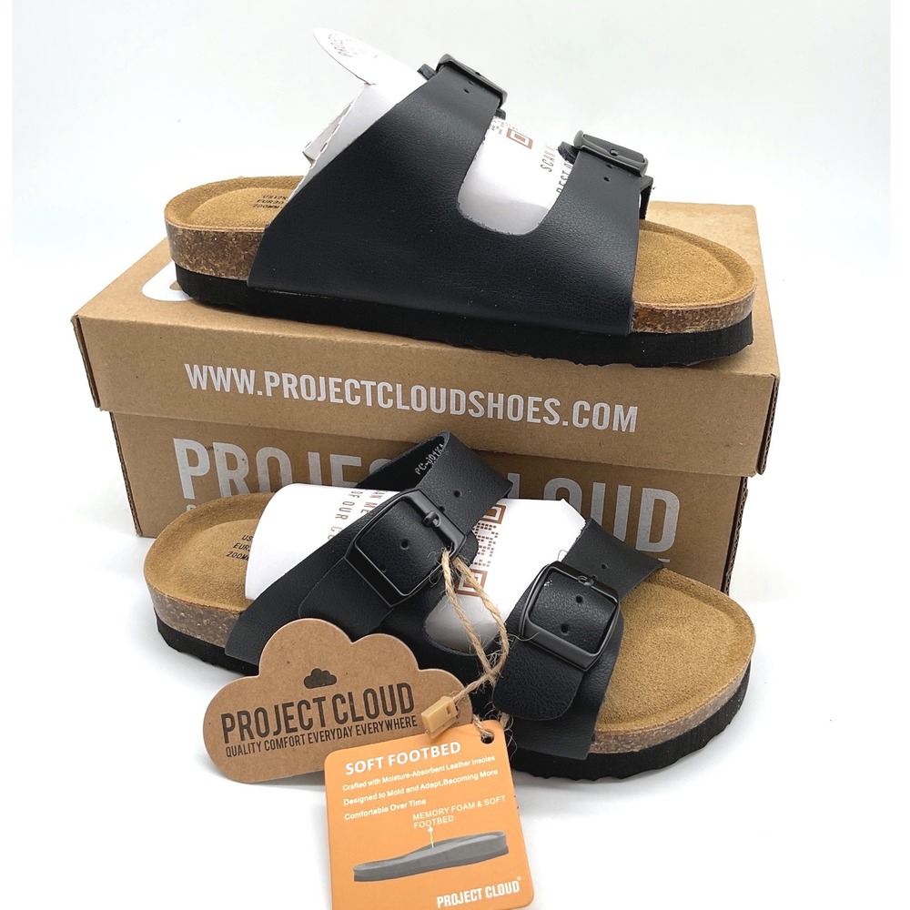 Project Cloud Little Venita Kids Black Leather Cork Slide Sandals Size 12K NEW